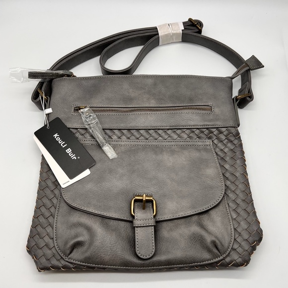 Kouli Buir Handbags - Kouli Buir Gray Large Crossbody Shoulder Handbag Faux Leather Multi Pocket NWT